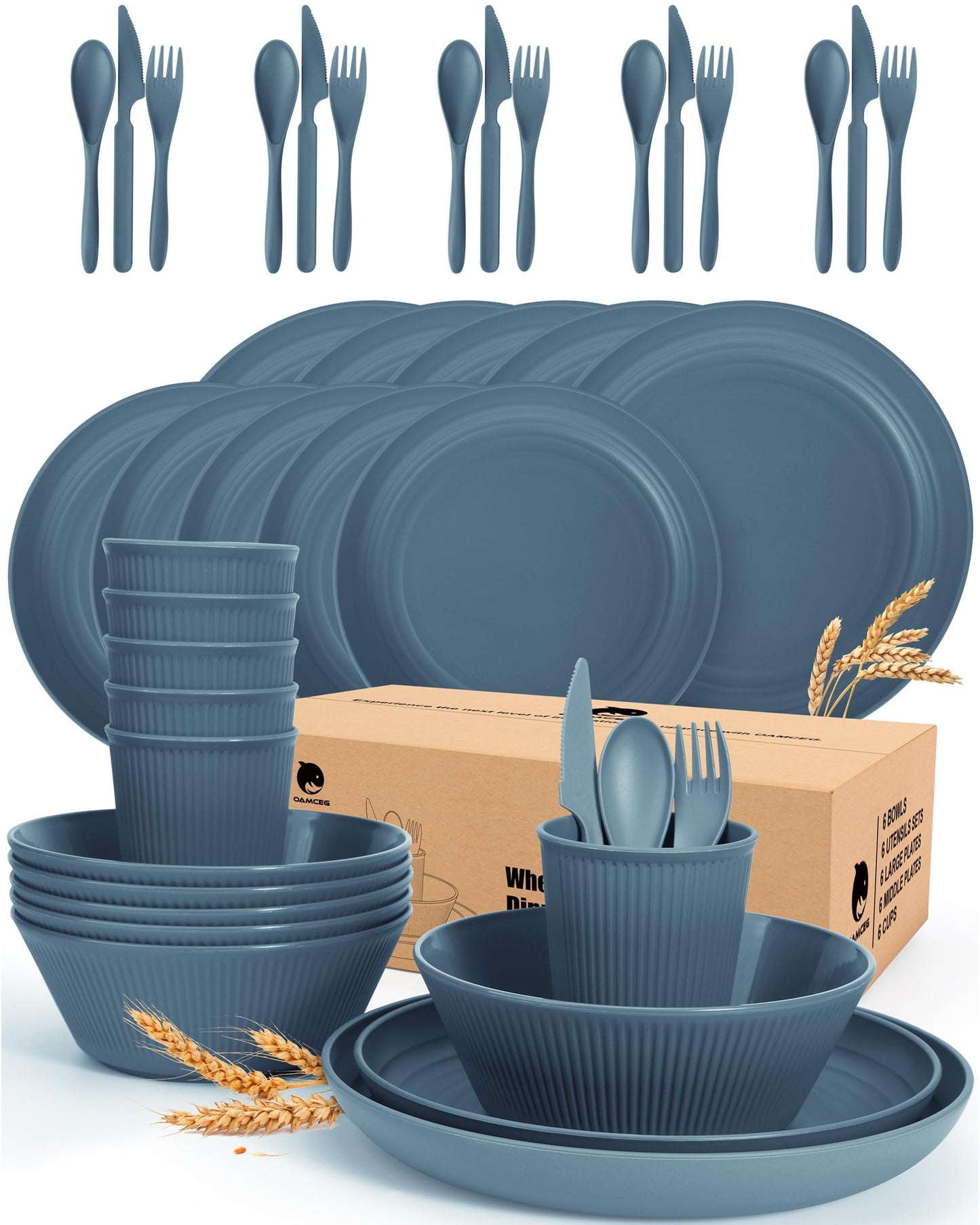 42-Piece Camping Dinnerware Set | Wheat Straw Plates, Bowls & Cups for 6