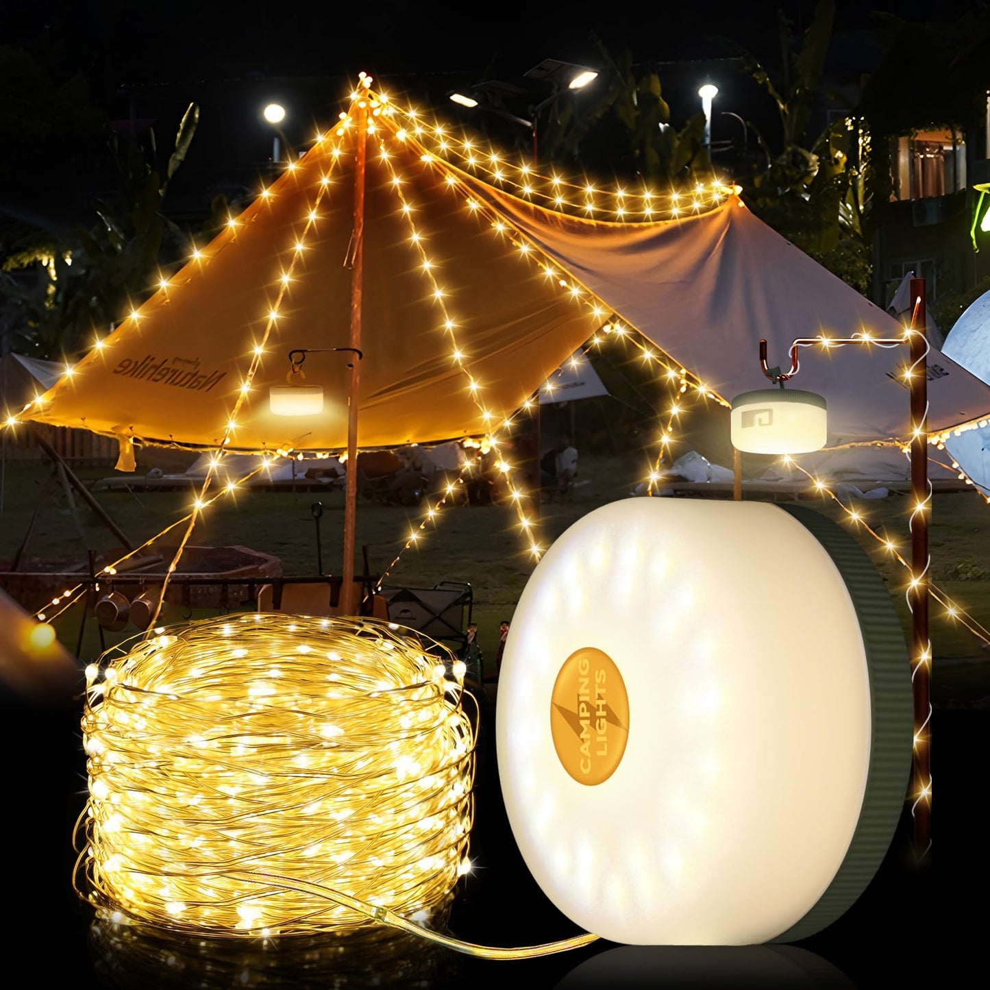 Rechargeable Camping String Lights | 26.2ft Retractable Warm LED with 5 Modes | The Ember Trail