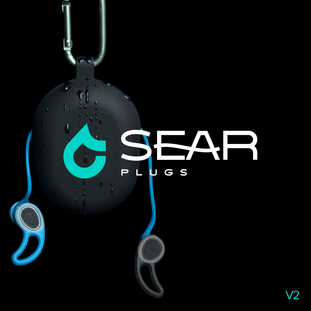 Black SEAR Plugs case with earplugs and leash hanging against a dark background.