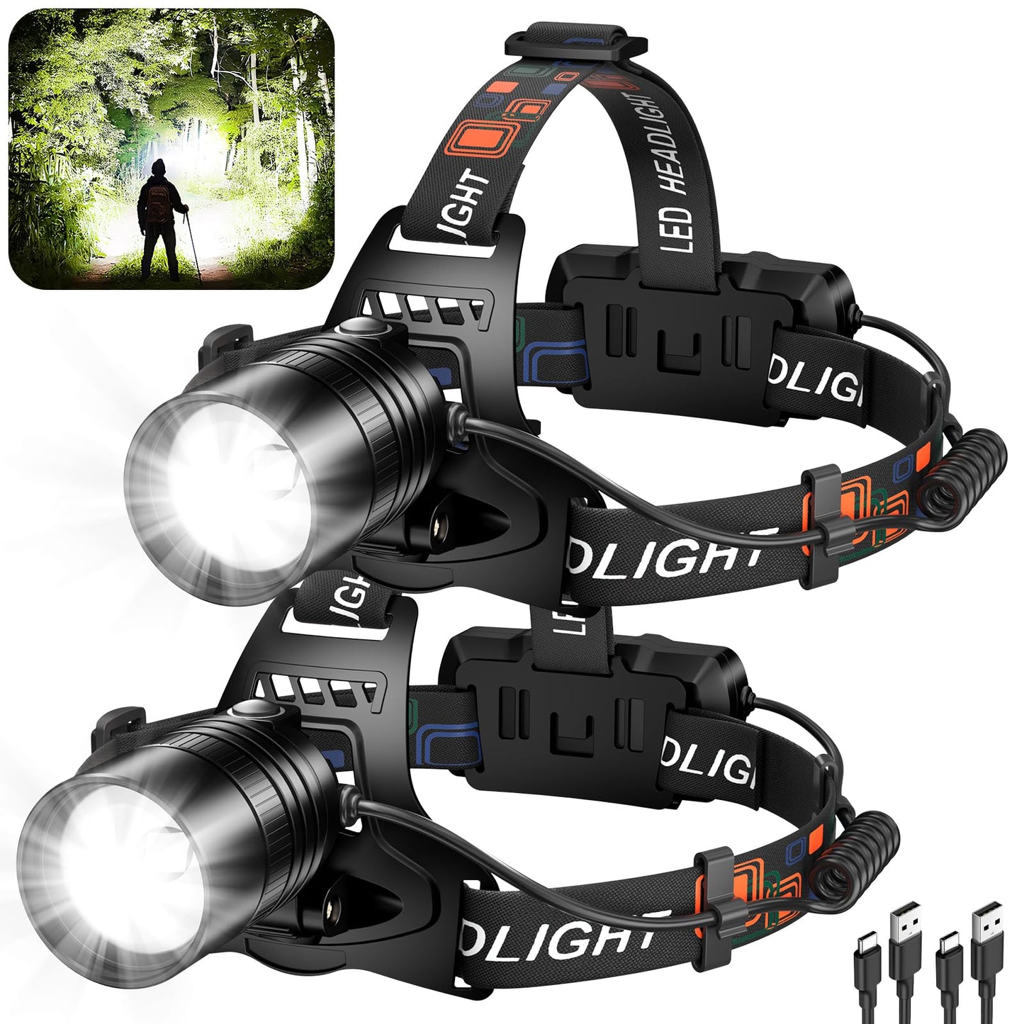 crazybrace Rechargeable Led Headlamp 990000 Lumen Super Bright Head Lamp with 3 Modes & 12H Long Runtime Brightest Headlamp 90° Adjustable Powerful Waterproof Headlamps for Adults Camping 2Pack