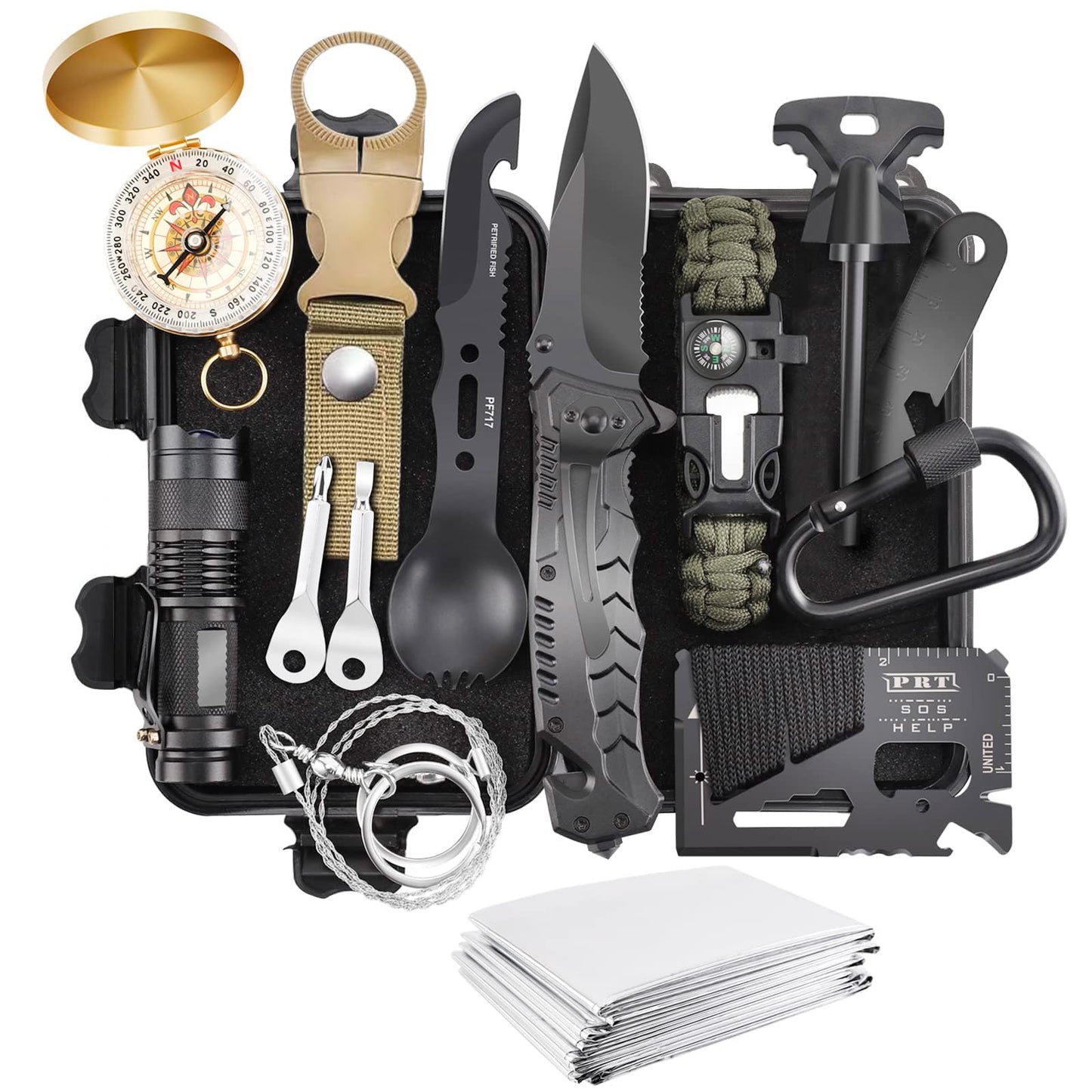 16-in-1 Survival Kit | Waterproof Box | Compass, Fire Starter, Flashlight & More