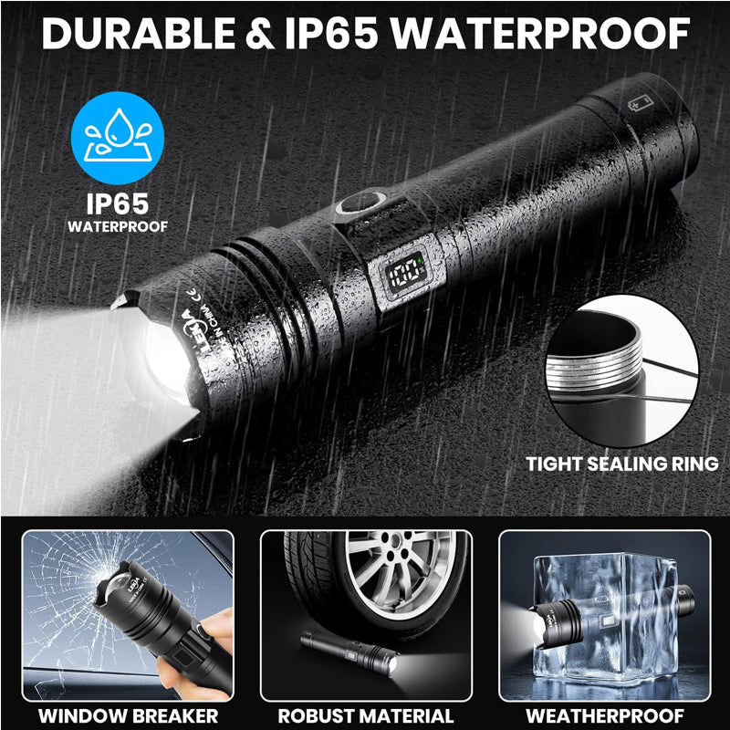 50000 Lumen USB-C Rechargeable Flashlight – Zoomable LED Torch with Power Bank