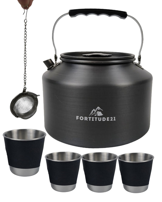 2.2L Camping Kettle Set with 4 Cups | Aluminium | Open Fire & Camp Stove Ready