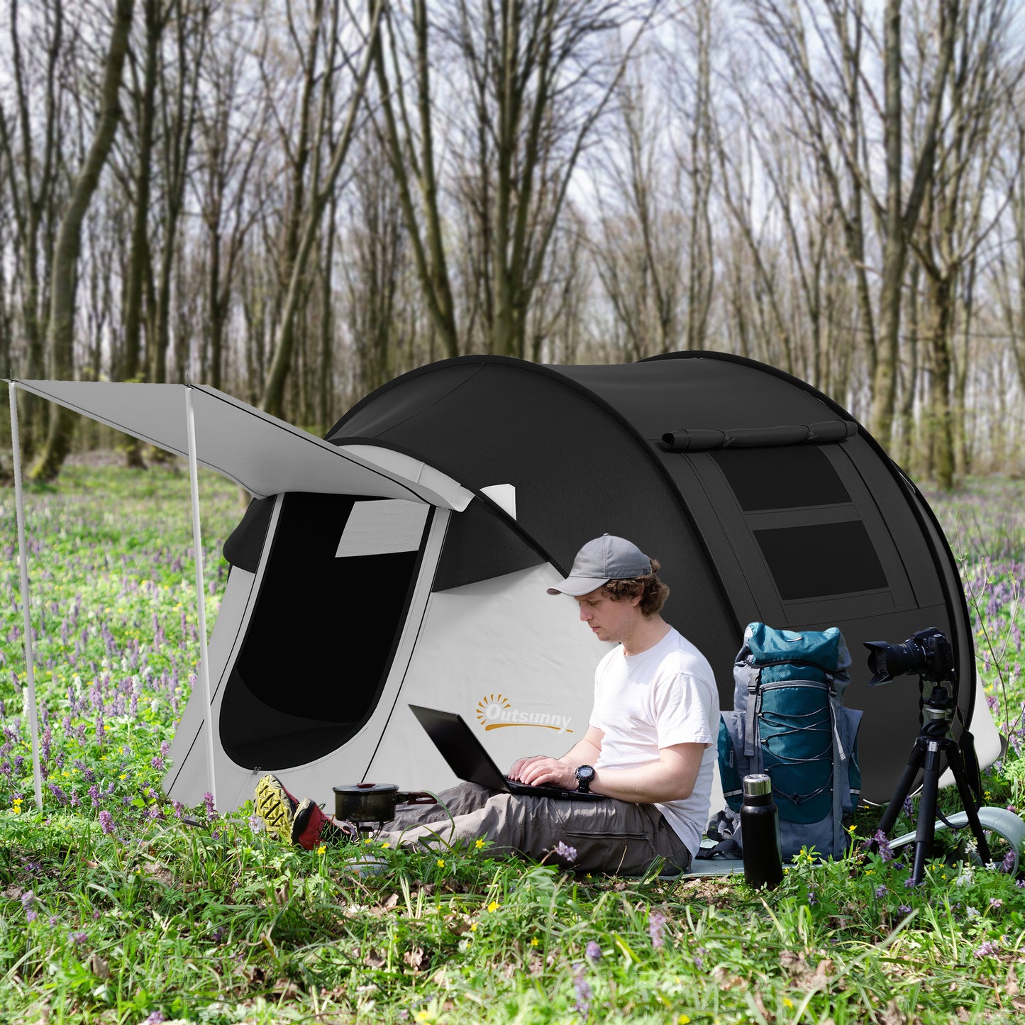 Waterproof Pop Up Tent with Porch for 2-3 People (Black)