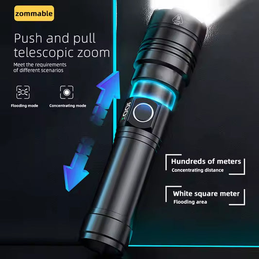 50000 Lumen USB-C Rechargeable Flashlight – Zoomable LED Torch with Power Bank