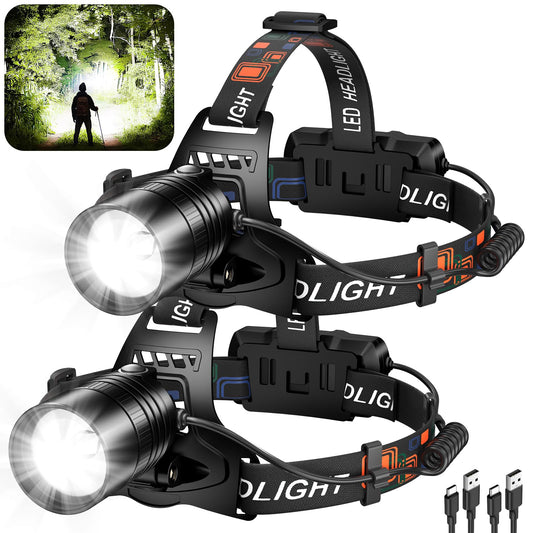 crazybrace Rechargeable Led Headlamp 990000 Lumen Super Bright Head Lamp with 3 Modes & 12H Long Runtime Brightest Headlamp 90° Adjustable Powerful Waterproof Headlamps for Adults Camping 2Pack