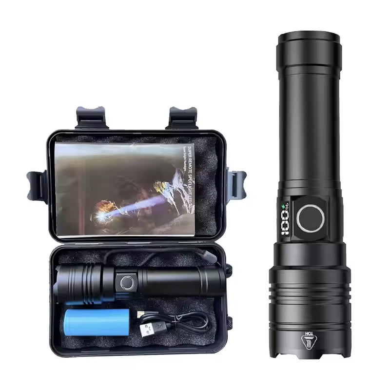 50000 Lumen USB-C Rechargeable Flashlight – Zoomable LED Torch with Power Bank