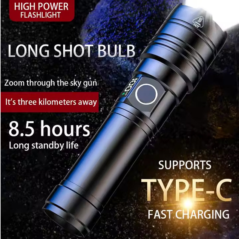 50000 Lumen USB-C Rechargeable Flashlight – Zoomable LED Torch with Power Bank