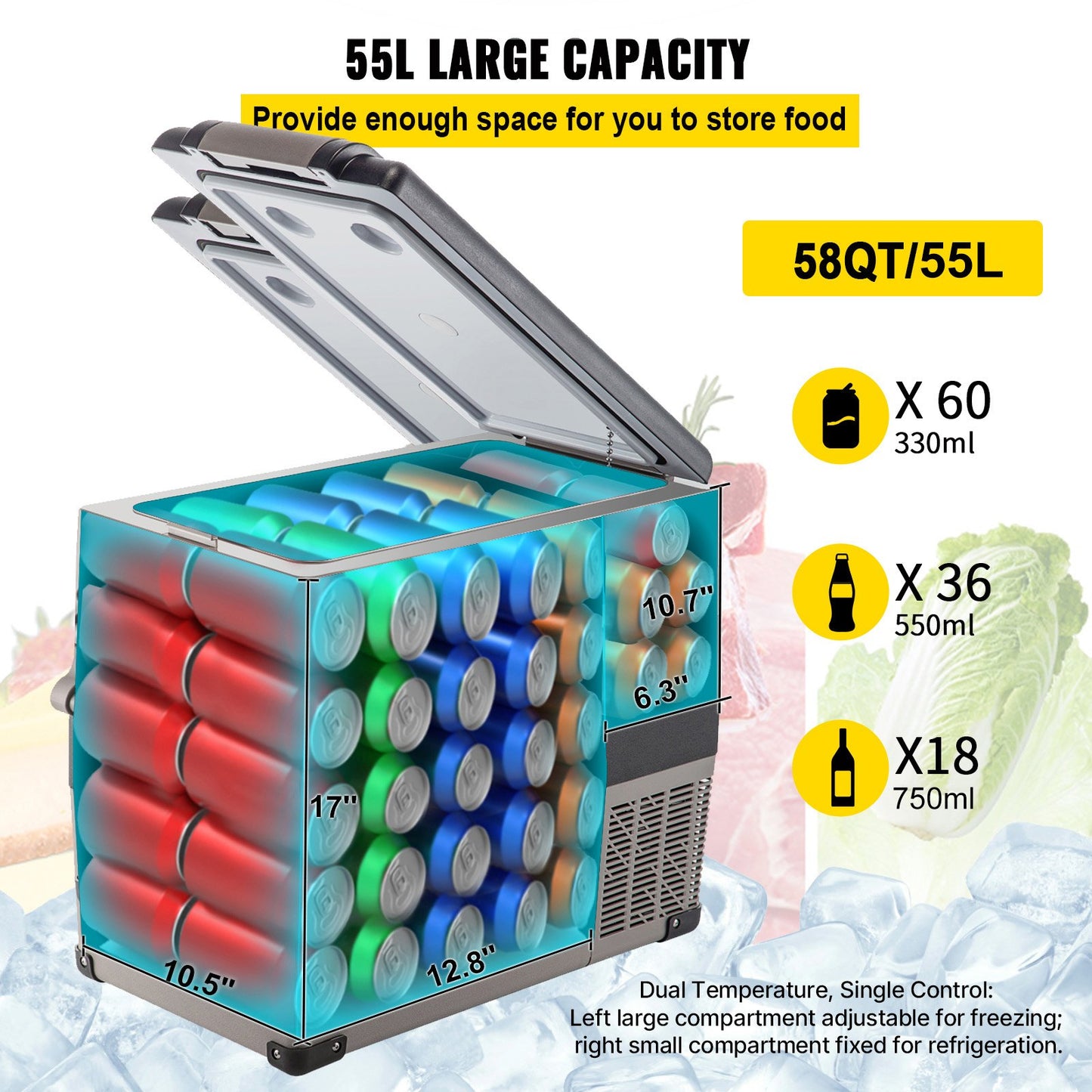 58 Quart Dual Zone Portable Compressor Fridge – 12V Car & Camping Refrigerator