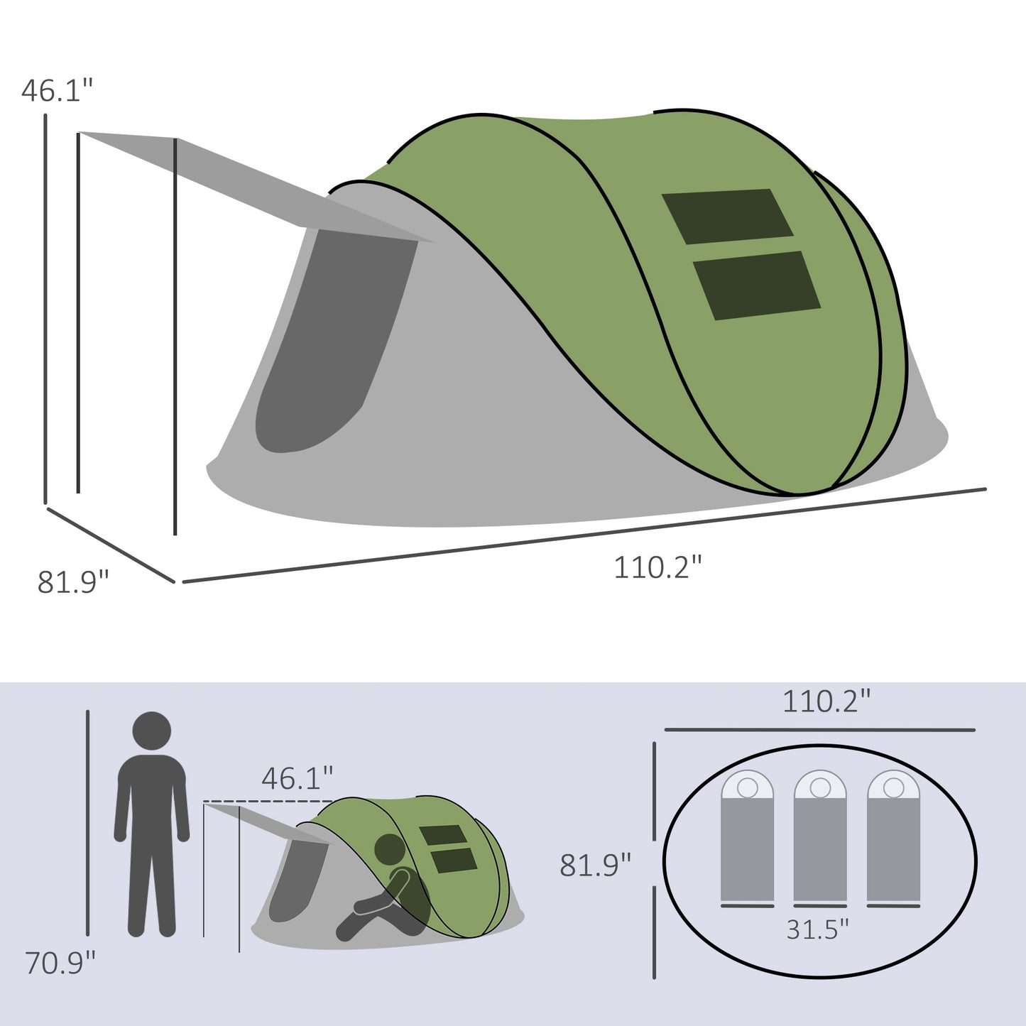 Waterproof Pop Up Tent with Porch for 2-3 People (Green)