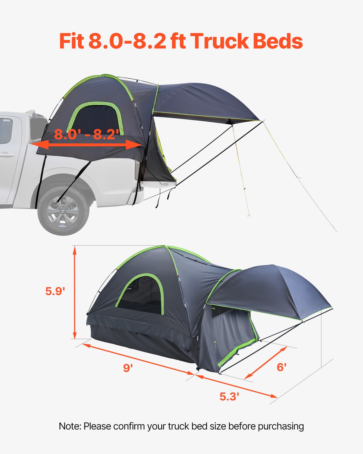 Pickup Truck Bed Tent with Extendable Awning | PU2000 Waterproof | Fits 8.0–8.2ft Beds