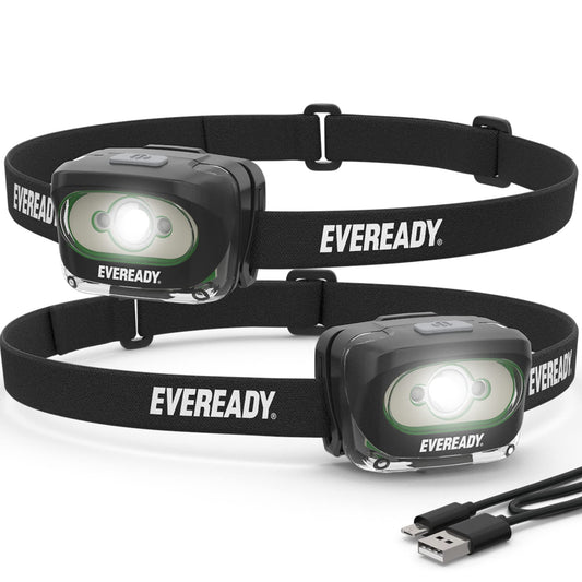 Eveready Rechargeable LED Headlamps (2-Pack) IPX4 Water Resistant Head Lights for Running Camping Emergency Outdoors (USB Cable Included)Black (2-Pack)Adjustable