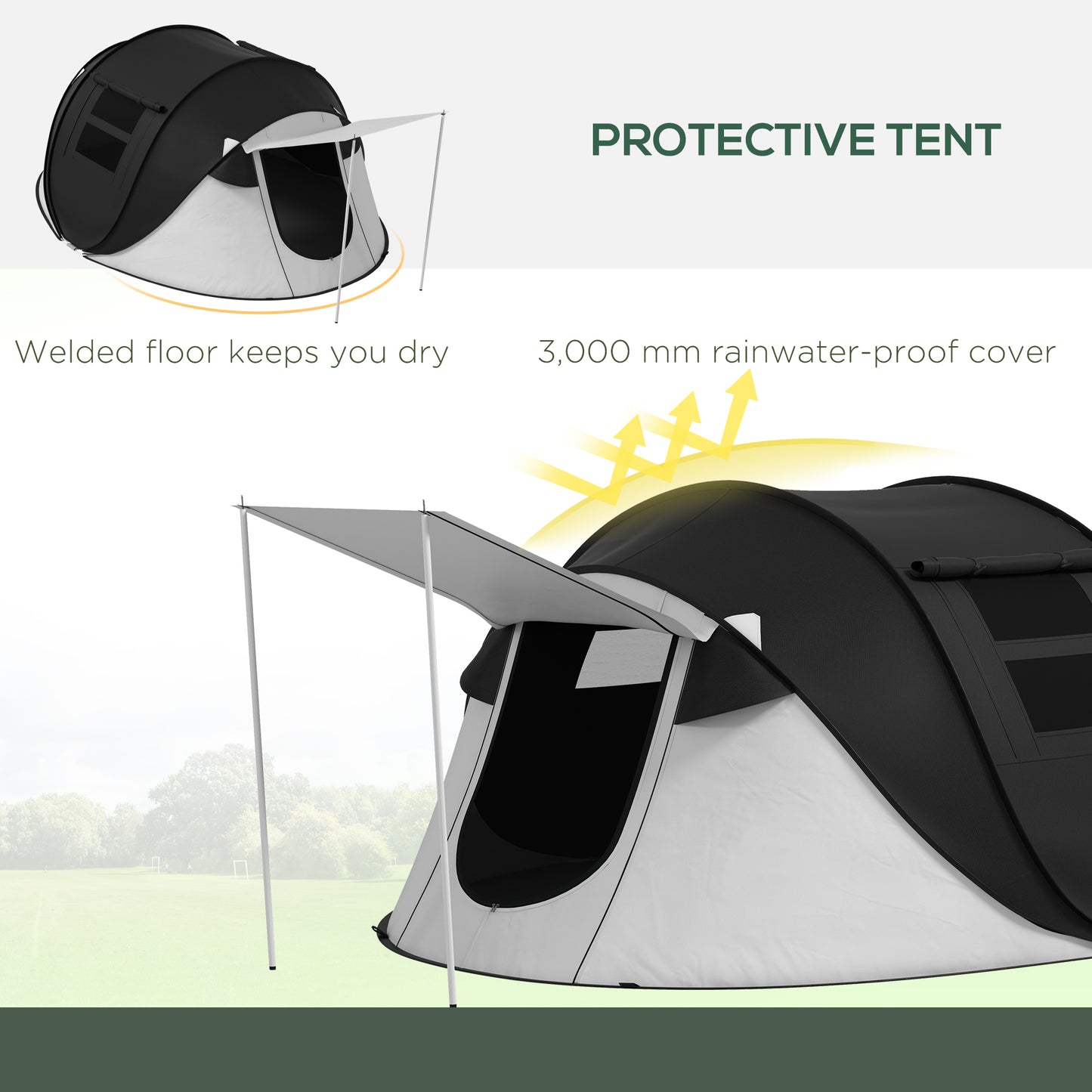 Waterproof Pop Up Tent with Porch for 2-3 People (Black)