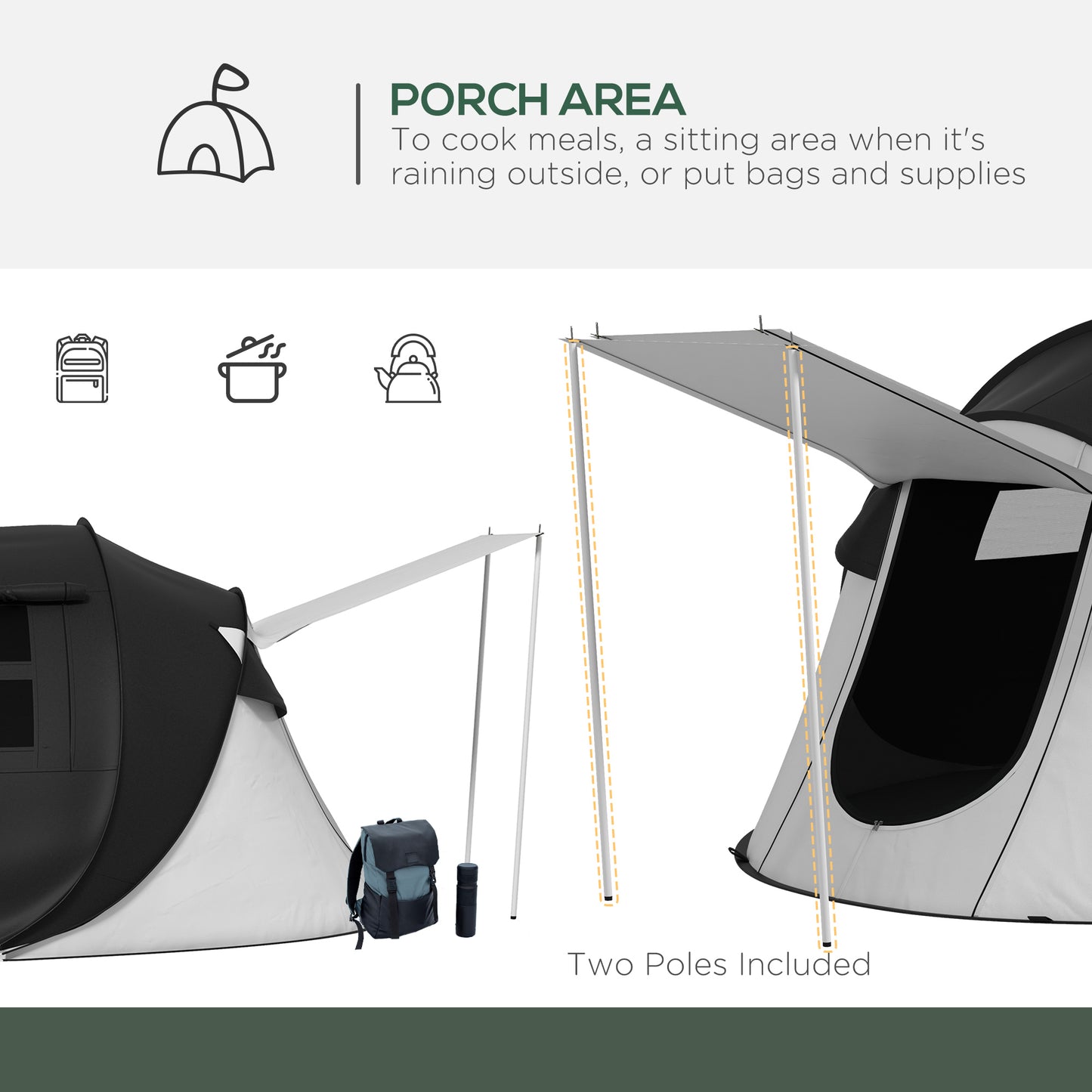 Waterproof Pop Up Tent with Porch for 2-3 People (Black)