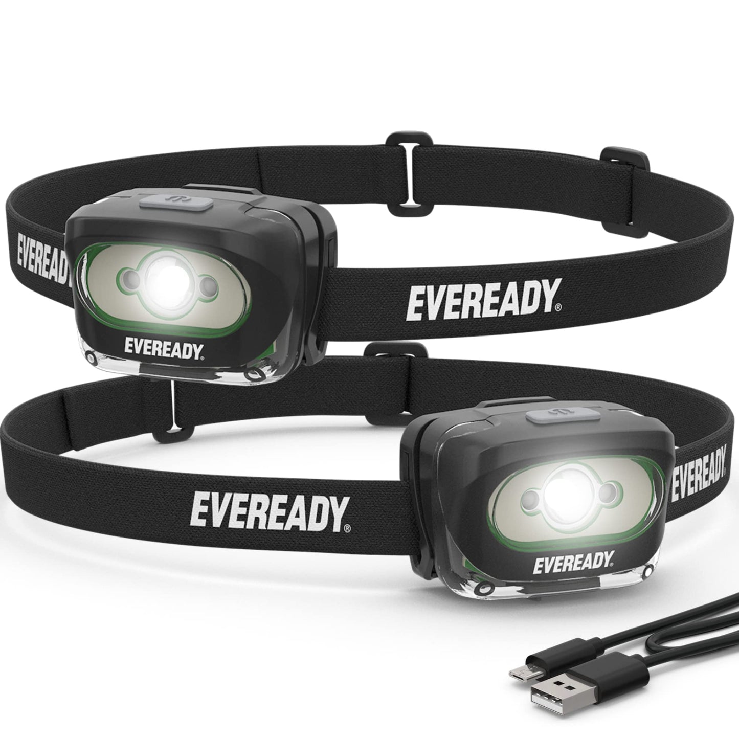 Eveready Rechargeable LED Headlamps (2-Pack) IPX4 Water Resistant Head Lights for Running Camping Emergency Outdoors (USB Cable Included)Black (2-Pack)Adjustable