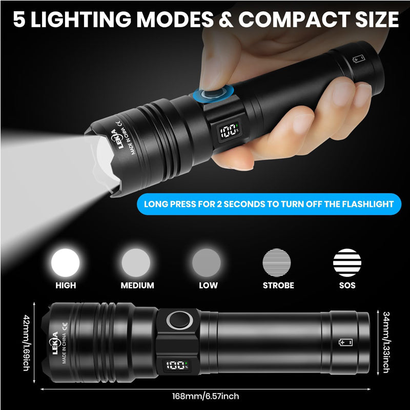 50000 Lumen USB-C Rechargeable Flashlight – Zoomable LED Torch with Power Bank