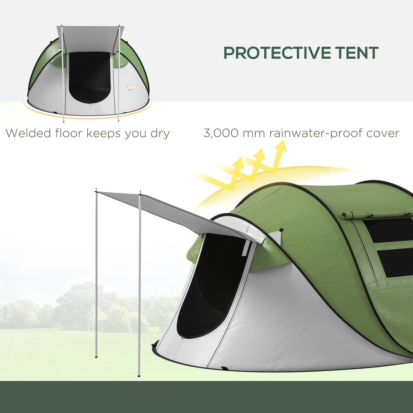 Waterproof Pop Up Tent with Porch for 2-3 People (Green)
