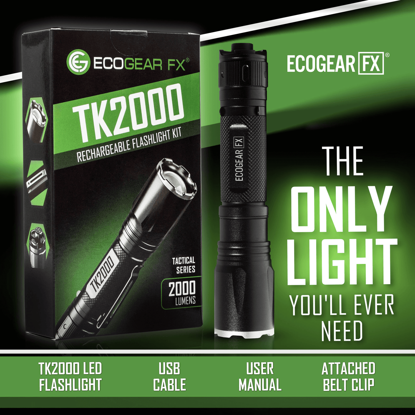 EcoGear FX TK2000 USB Rechargeable LED Tactical Flashlight-1