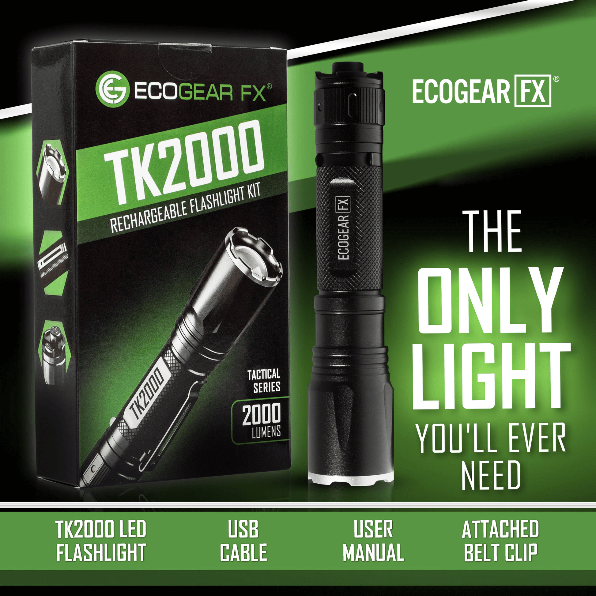 EcoGear FX TK2000 USB Rechargeable LED Tactical Flashlight-1
