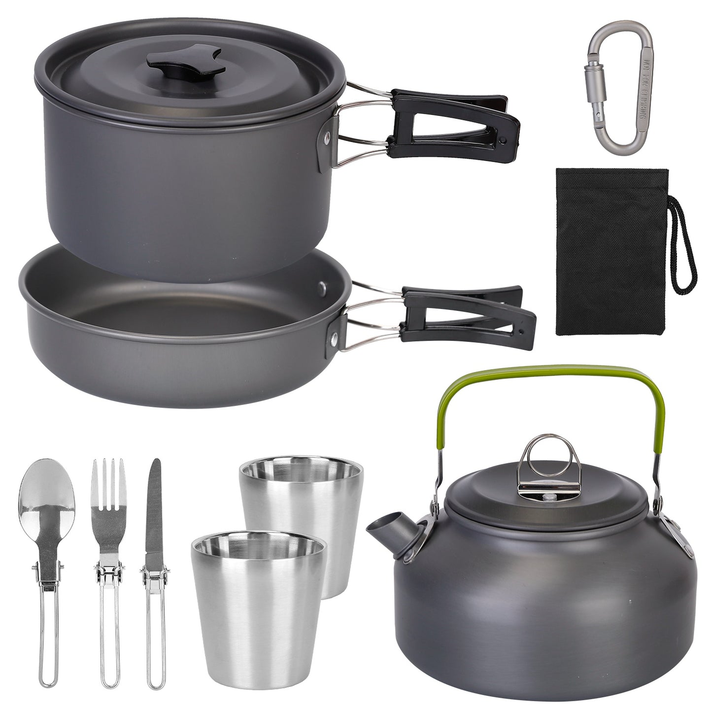 12-Piece Camping Cookware Set – Aluminium Pot, Pan, Kettle, Cups & Cutlery with Carry Bag