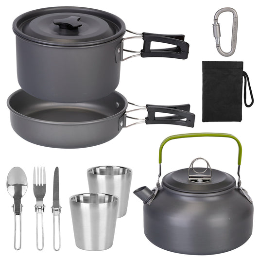 12-Piece Camping Cookware Set – Aluminium Pot, Pan, Kettle, Cups & Cutlery with Carry Bag