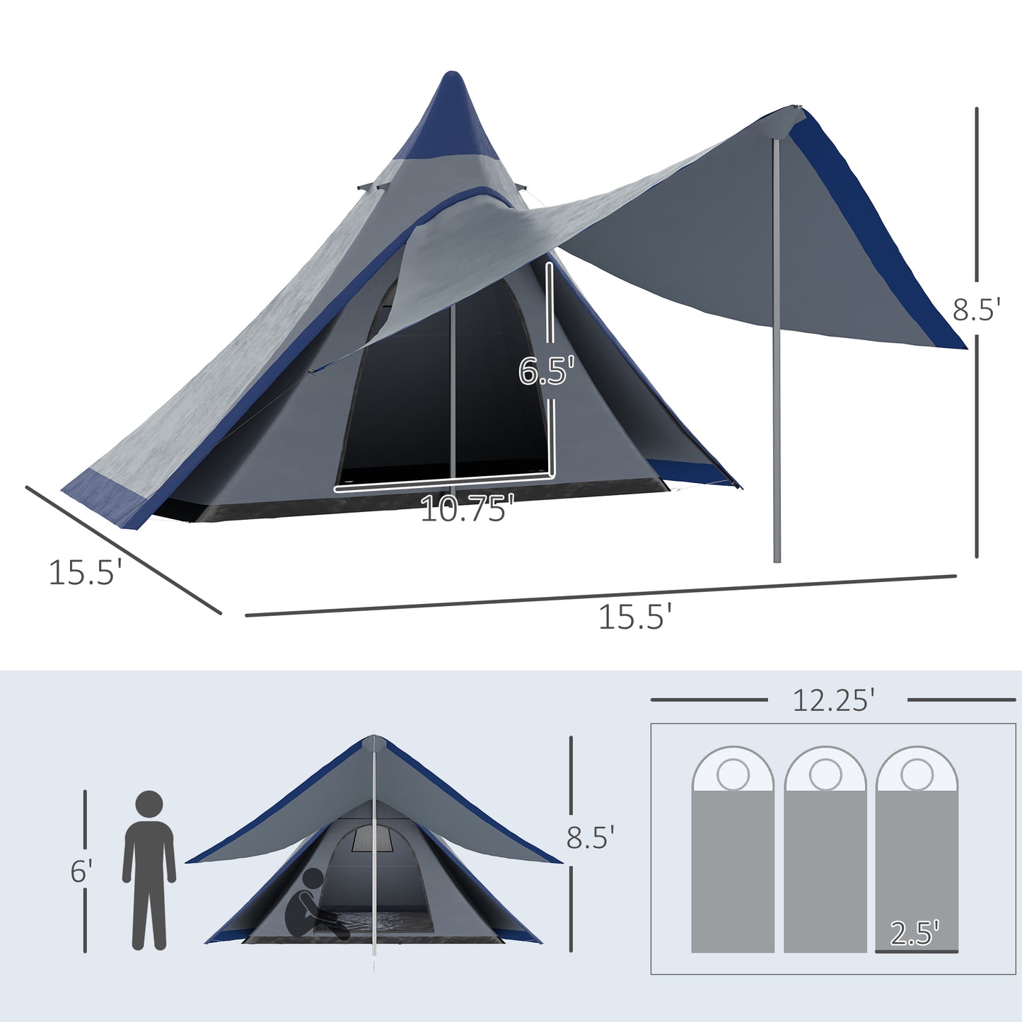 Waterproof Teepee Tent 15.4'x15.4'x8.5'