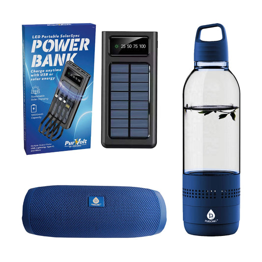 Pursonic Outdoor Essentials Bundle – 2-in-1 Bluetooth Water Bottle, Peak Wireless Speaker, and LED Portable Solarsync Power Bank-0