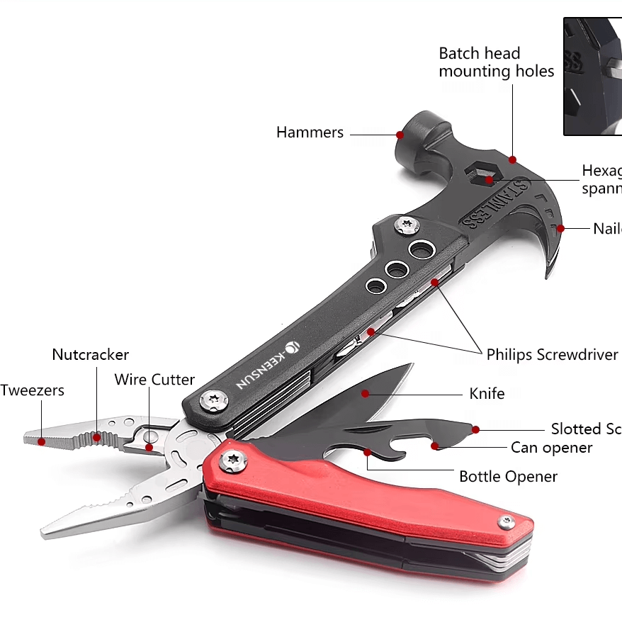 Multifunction Camping Hammer Tool | Stainless Steel Multi-Purpose Combo Hammer with Screwdriver & Pliers-3