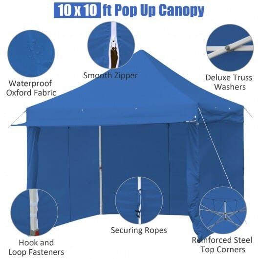 10x10 Pop-up Gazebo with 5 Removable Sidewalls Extended Awning Blue-3