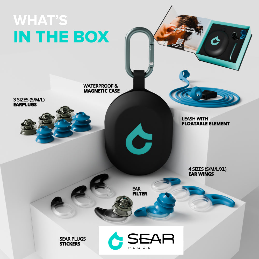 SEAR earplug kit layout showing earplugs, sizes, leash, and carrying case.