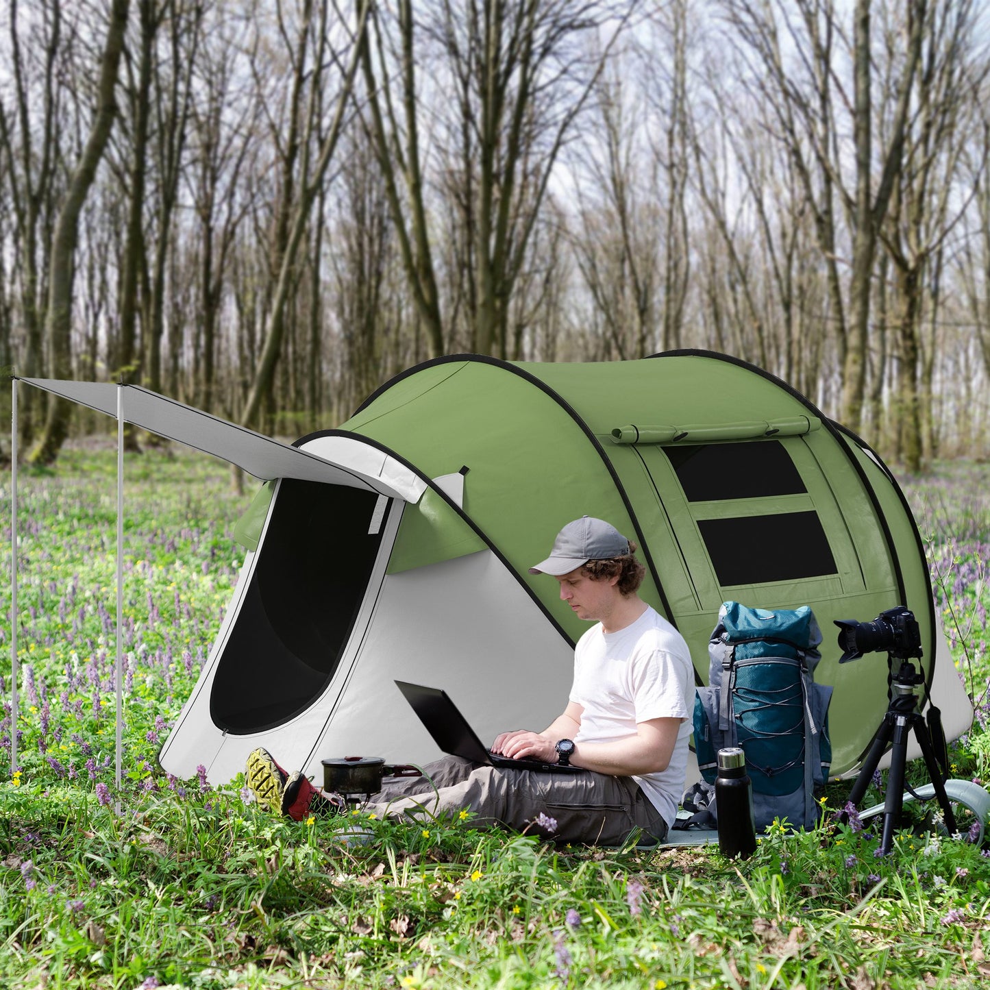 Waterproof Pop Up Tent with Porch for 2-3 People (Green)