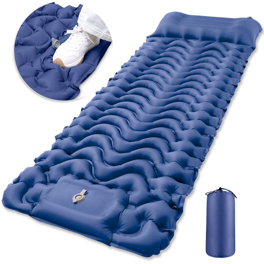 Inflatable Camping Sleeping Pad | M-Shape Ergonomic | Built-In Pump & Pillow | Blue