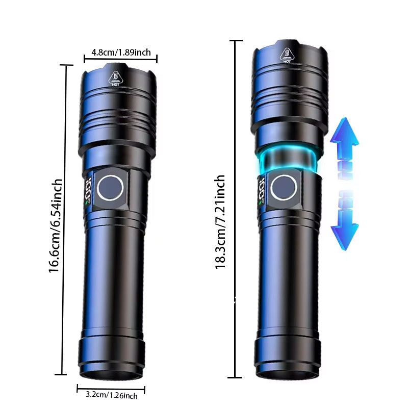 50000 Lumen USB-C Rechargeable Flashlight – Zoomable LED Torch with Power Bank