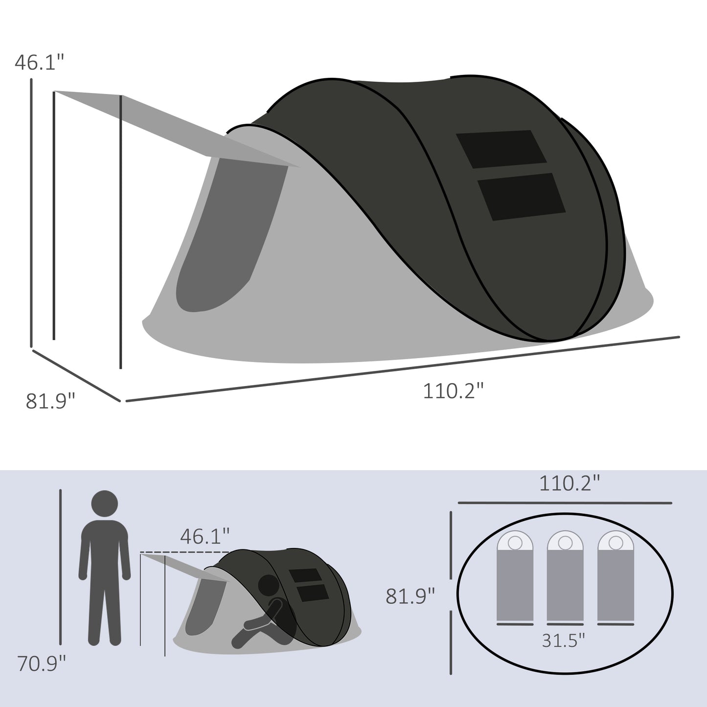 Waterproof Pop Up Tent with Porch for 2-3 People (Black)