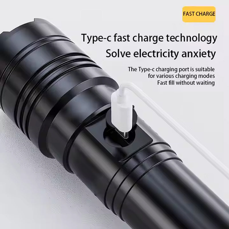 50000 Lumen USB-C Rechargeable Flashlight – Zoomable LED Torch with Power Bank