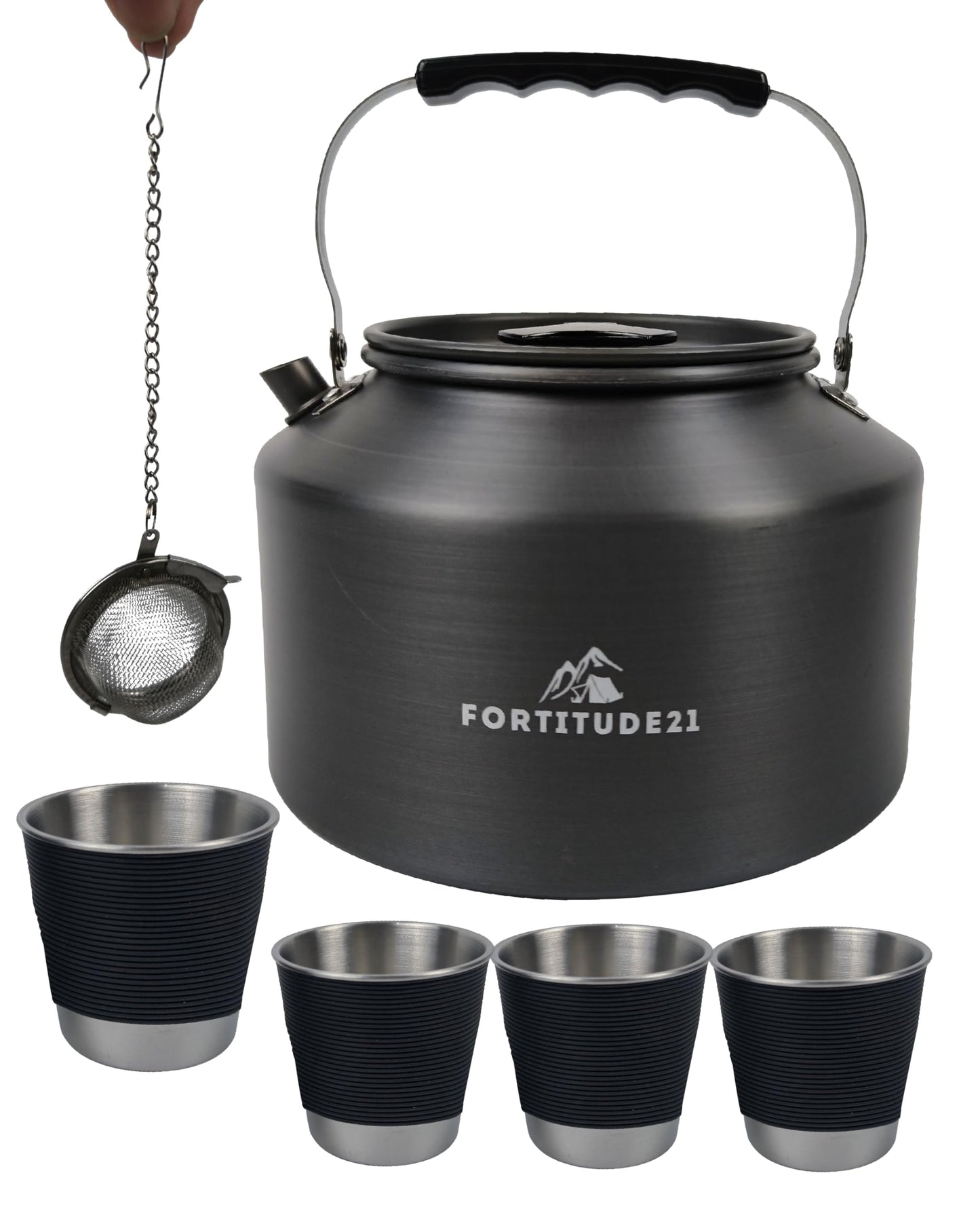 2.2L Camping Kettle Set with 4 Cups | Aluminium | Open Fire & Camp Stove Ready