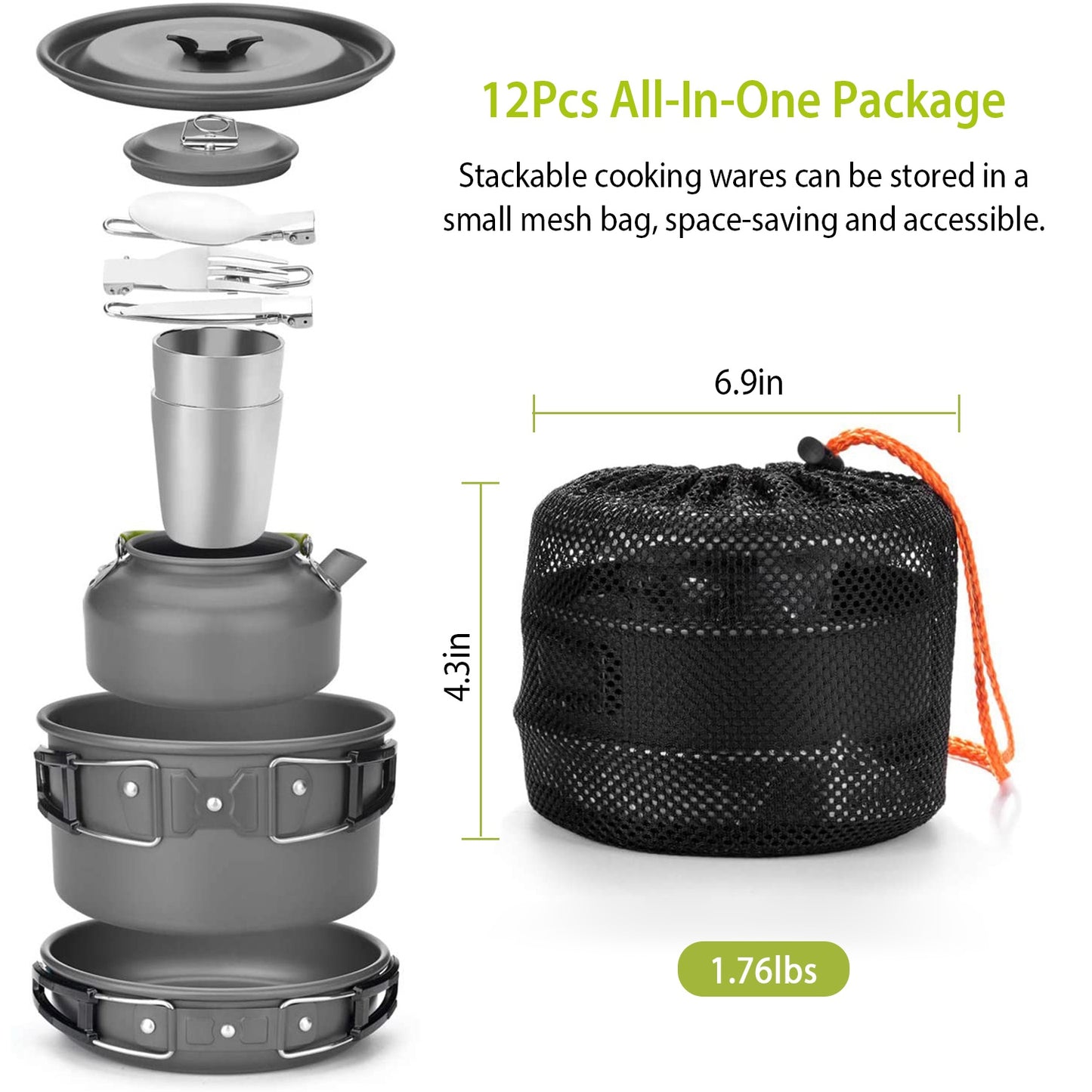 12-Piece Camping Cookware Set – Aluminium Pot, Pan, Kettle, Cups & Cutlery with Carry Bag